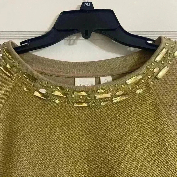 Chico's Gold Metallic Sweater Size 0 Jeweled Neckline 3/4 Sleeve Shimmer Holiday - Picture 10 of 15